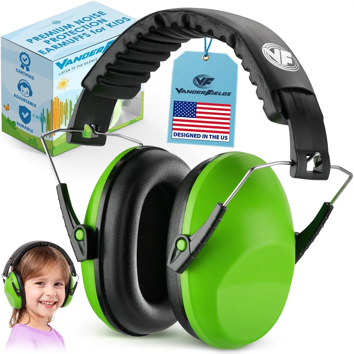 Vanderfields Kids Noise Canceling Headphones - Green Fields - 20 dB NRR (19 dB NRR / 24 dB SNR) - main product image