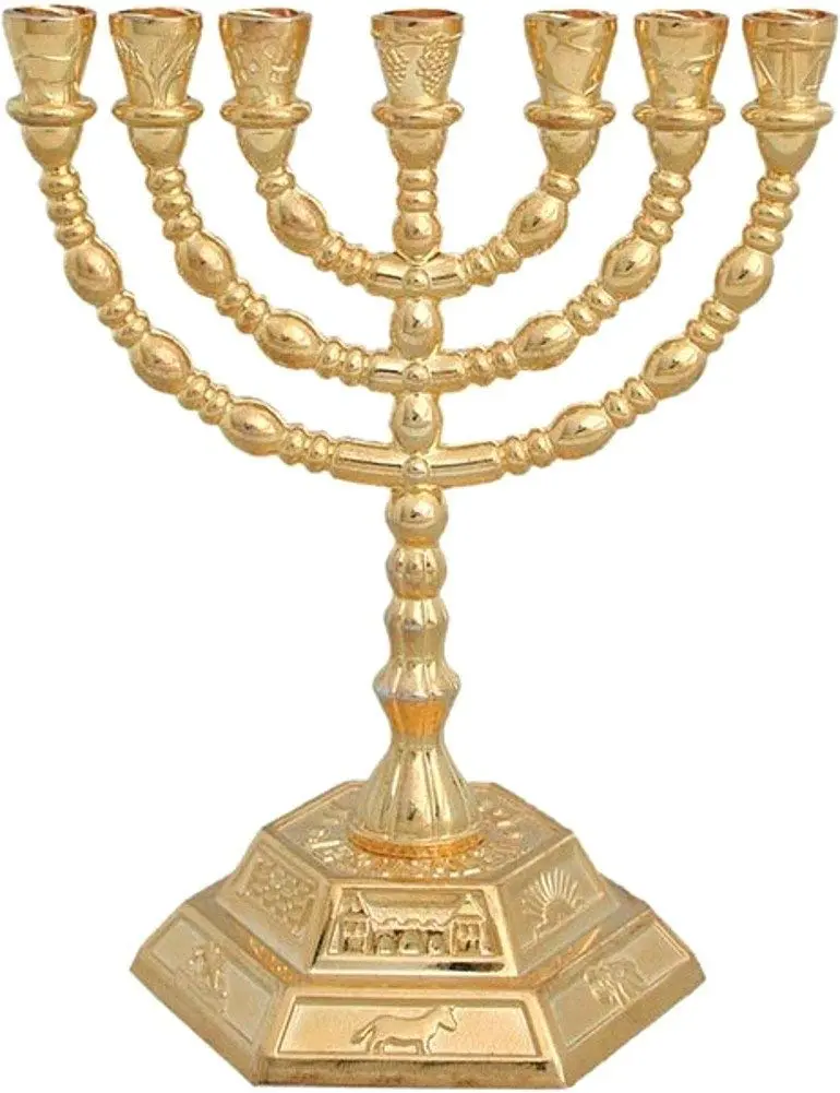 Holy Land Market 7 Branch Menorah, Gold, 5 in, Hexagonal Base | Authentic Judaica for Hanukkah & Shabbat - main product image
