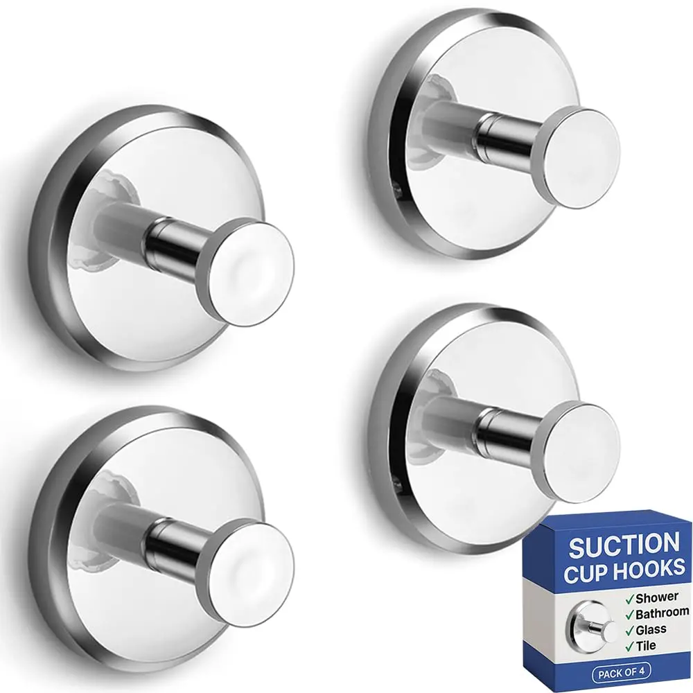 HOME SO Heavy Duty Suction Cup Hooks with Twist-Lock 4-Pack Chrome | Bathroom Towel Holder for Glass, Tile, Mirrors - main product image