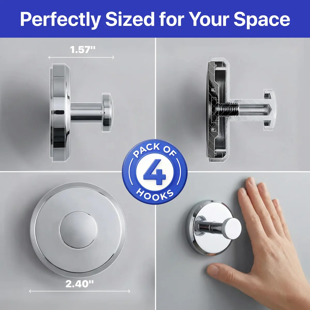 HOME SO Heavy Duty Suction Cup Hooks with Twist-Lock 4-Pack Chrome | Bathroom Towel Holder for Glass, Tile, Mirrors - view 8