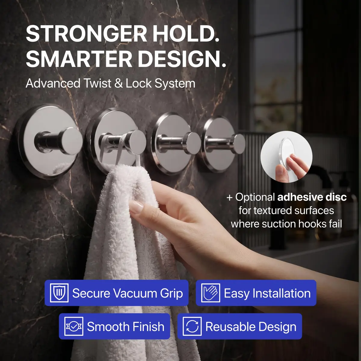 HOME SO Heavy Duty Suction Cup Hooks with Twist-Lock 4-Pack Chrome | Bathroom Towel Holder for Glass, Tile, Mirrors - view 2