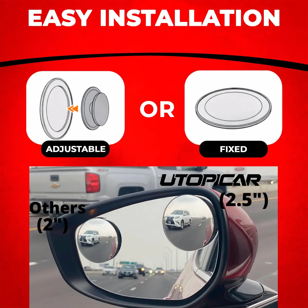 Utopicar Round Blind Spot Mirrors 2.5" (2-Pack) | Universal Fit HD Glass Convex Auto Parts - view 2
