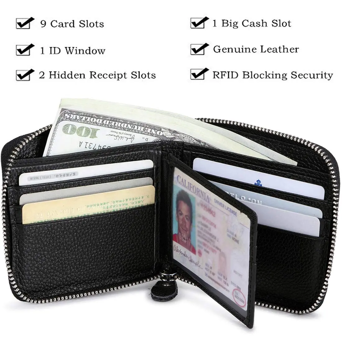 Huztencor Genuine Leather RFID Blocking Zipper Wallet for Men | Black, 11.5cm x 10.5cm x 2cm (4.5" x 4.1" x 0.8") - view 5