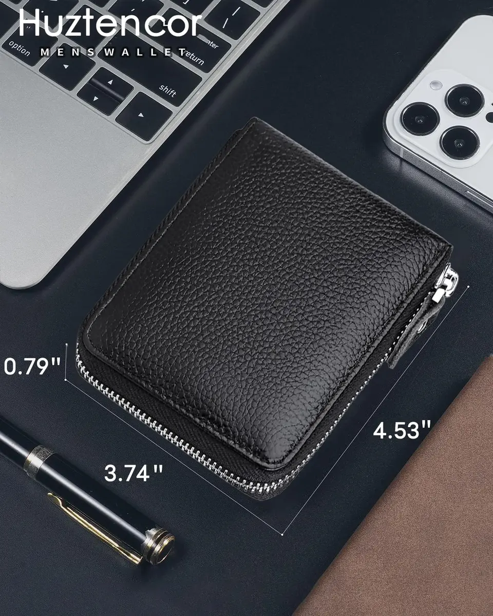 Huztencor Genuine Leather RFID Blocking Zipper Wallet for Men | Black, 11.5cm x 10.5cm x 2cm (4.5" x 4.1" x 0.8") - view 3