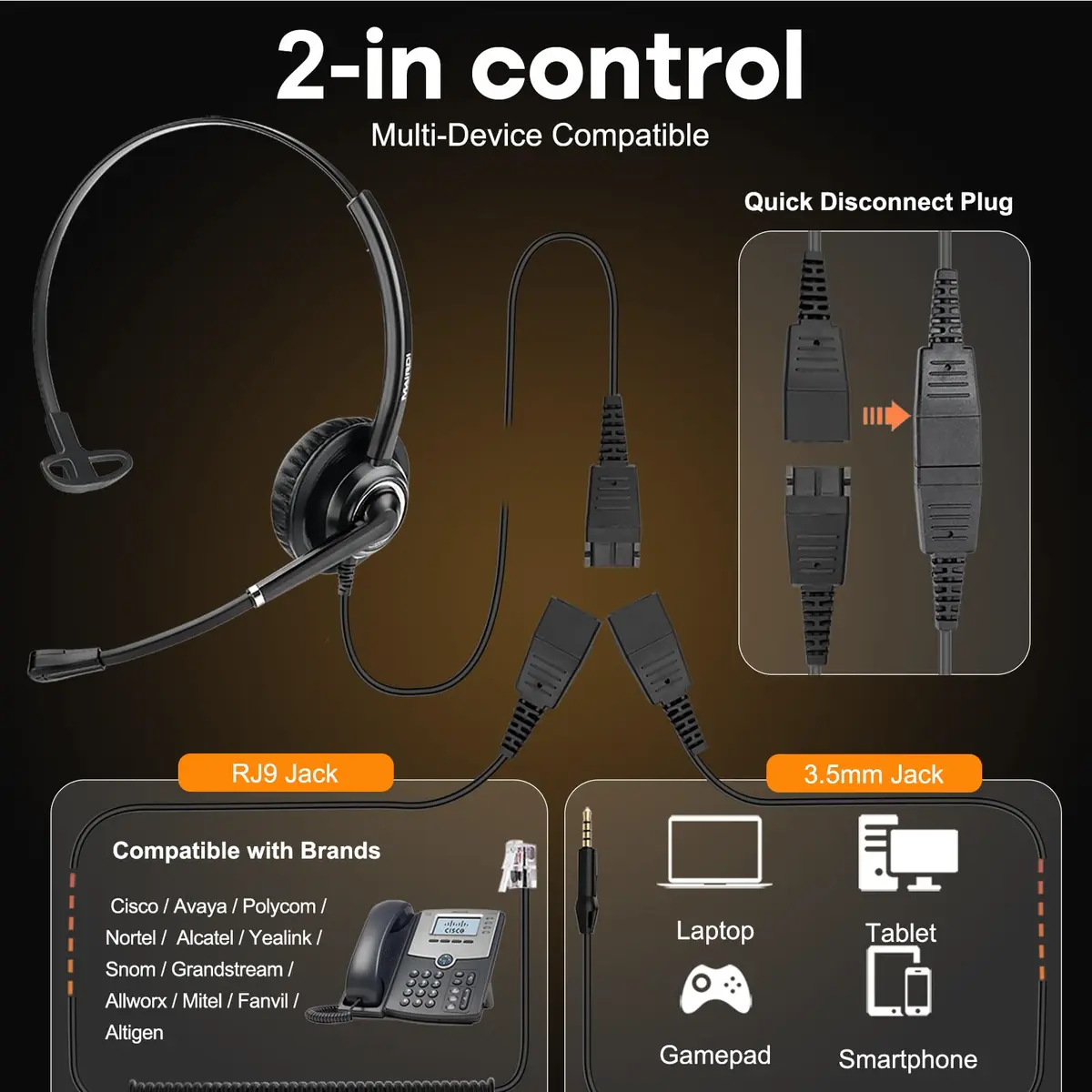 MAIRDI Monaural Office Headset with RJ9 & 3.5mm Connectors | Noise-Cancelling Microphone & HD Audio - view 4