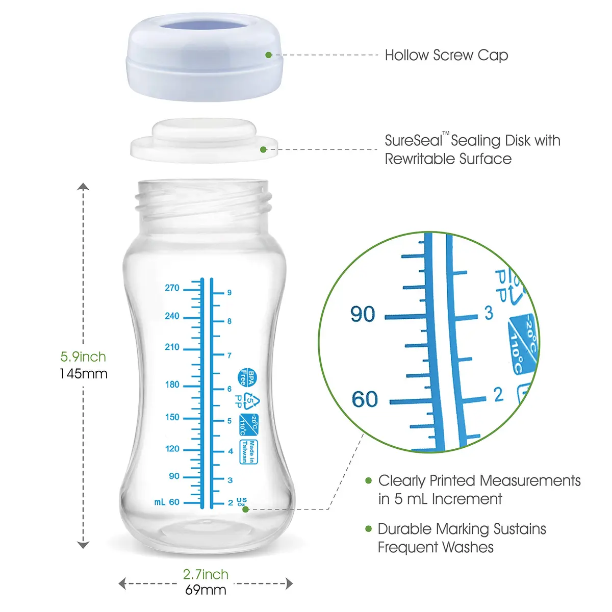 Maymom Wide Neck Breastmilk Collection and Storage Bottle 9oz | Leak-Proof & Compatible with Spectra & Avent Pumps - view 3