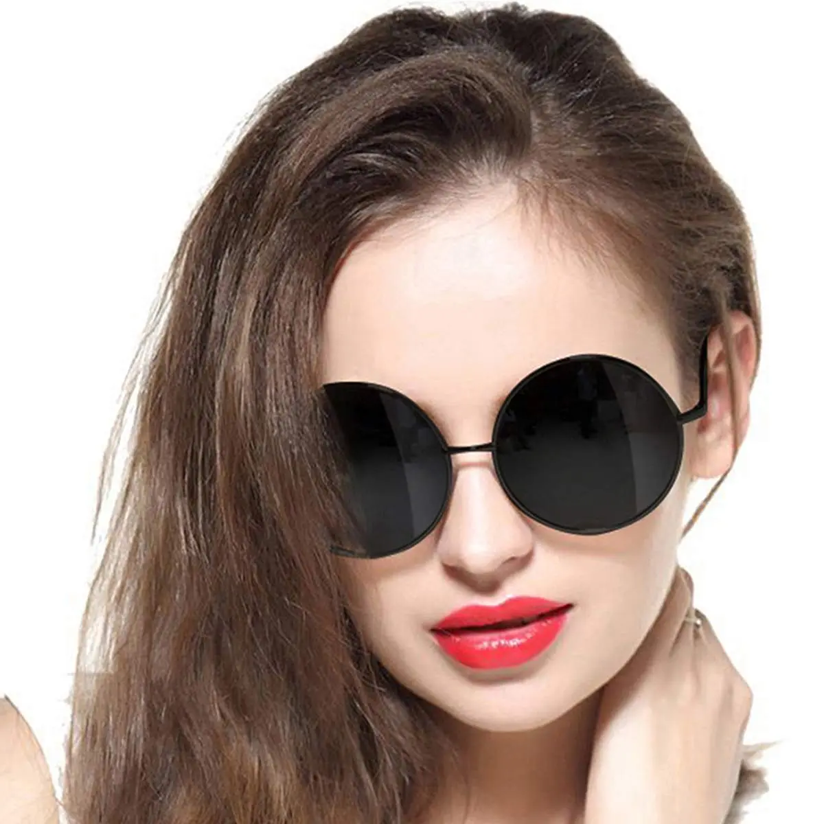 GEELOOK Round Sunglasses for Women Men Oversized Circle Mirrored Hippie Hipster Polarized Metal Frame, Black Matte Frame/Black Lens - main product image