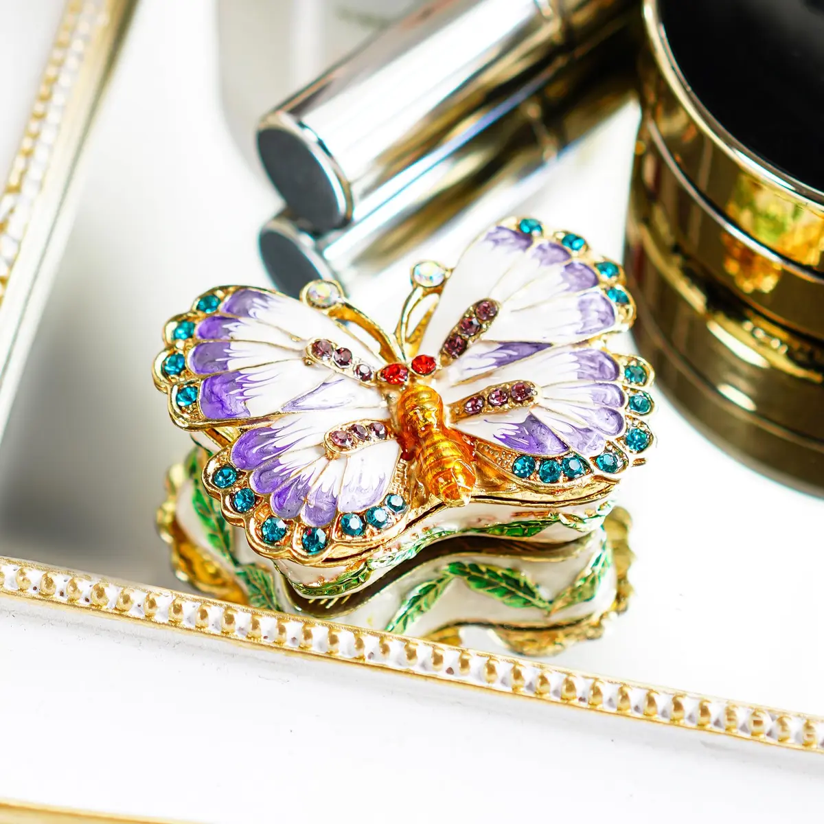 YU FENG Butterfly Trinket Box Hinged Jewelry Box Ring Holder Figurine | Elegant Hand-Painted Enamel with Rhinestones - view 5
