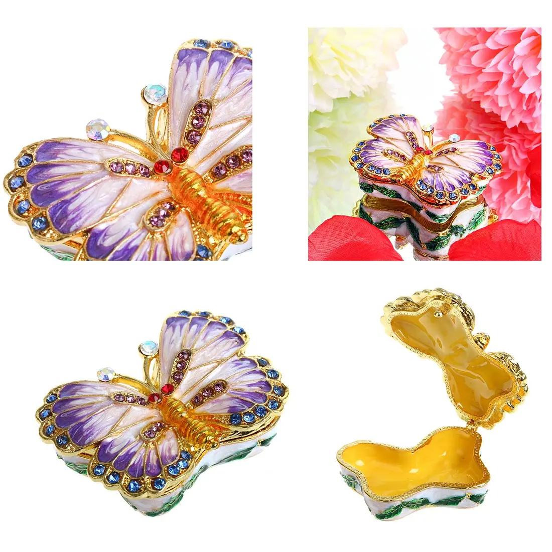 YU FENG Butterfly Trinket Box Hinged Jewelry Box Ring Holder Figurine | Elegant Hand-Painted Enamel with Rhinestones - view 6