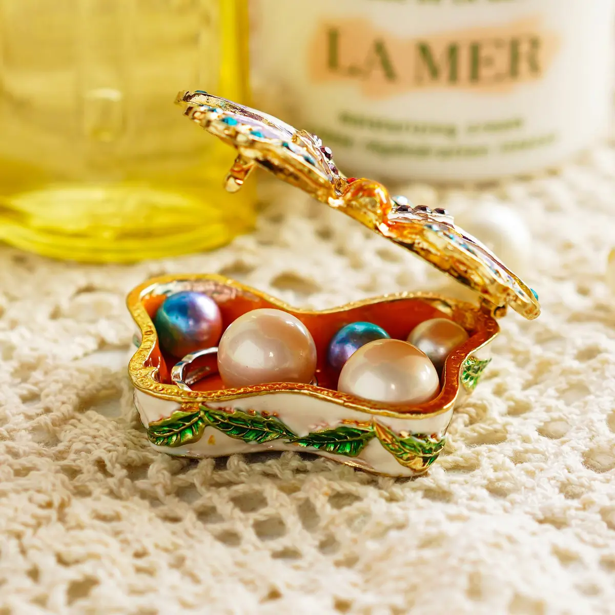 YU FENG Butterfly Trinket Box Hinged Jewelry Box Ring Holder Figurine | Elegant Hand-Painted Enamel with Rhinestones - view 3