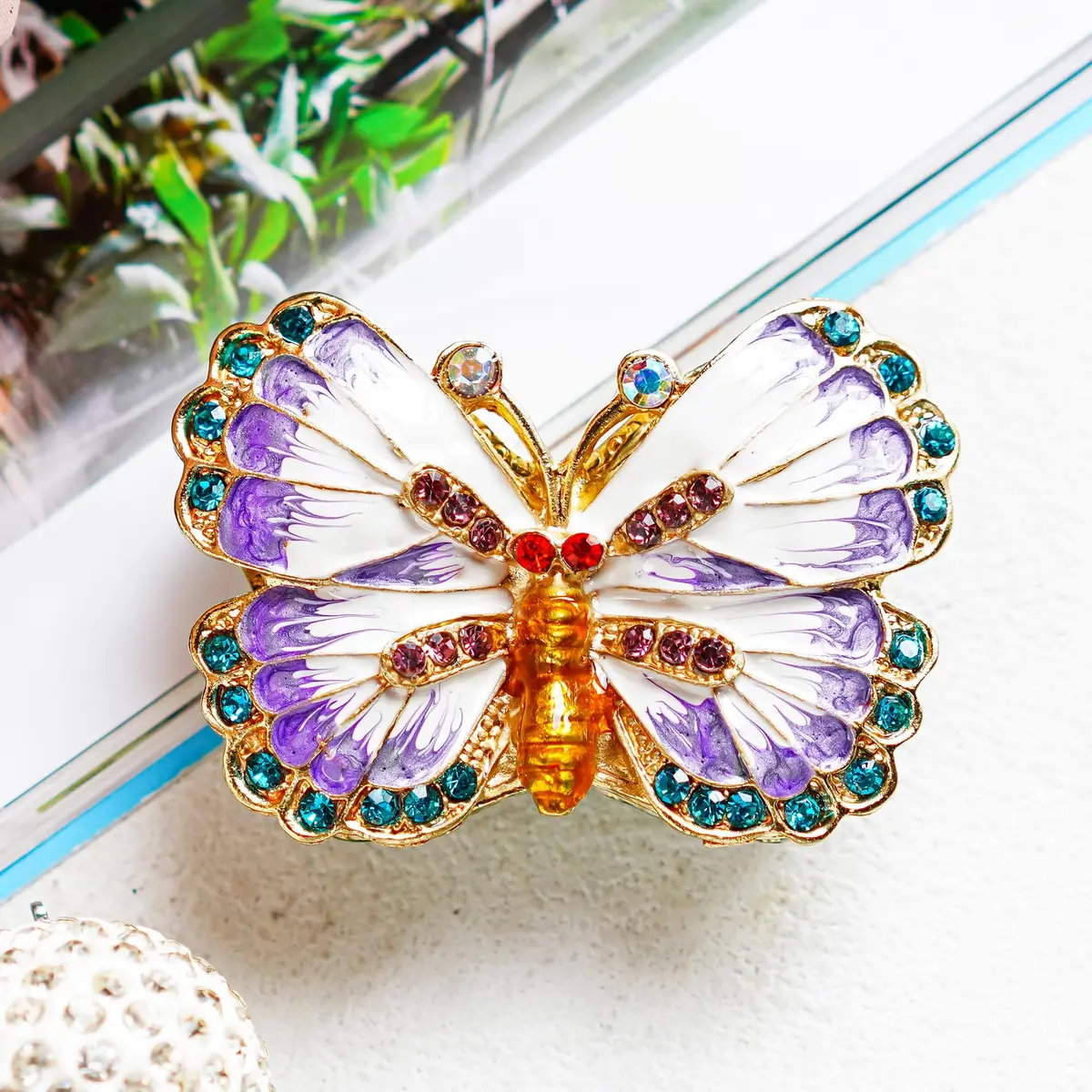 YU FENG Butterfly Trinket Box Hinged Jewelry Box Ring Holder Figurine | Elegant Hand-Painted Enamel with Rhinestones - view 4