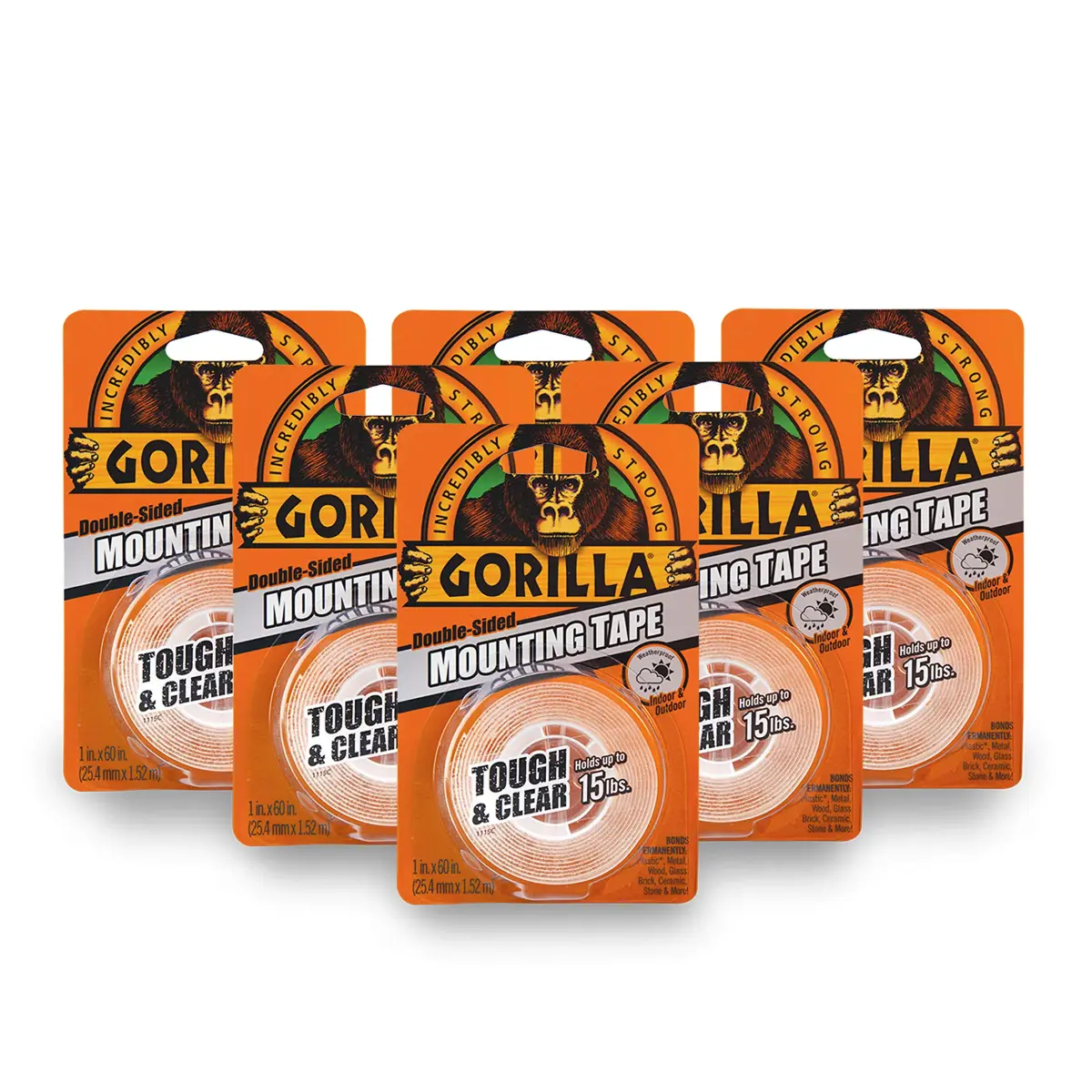 Gorilla Tough & Clear Double Sided Mounting Tape 1" x 60" (2.54cm x 152.4cm) — 6 Rolls | Holds Up to 15 lbs - main product image