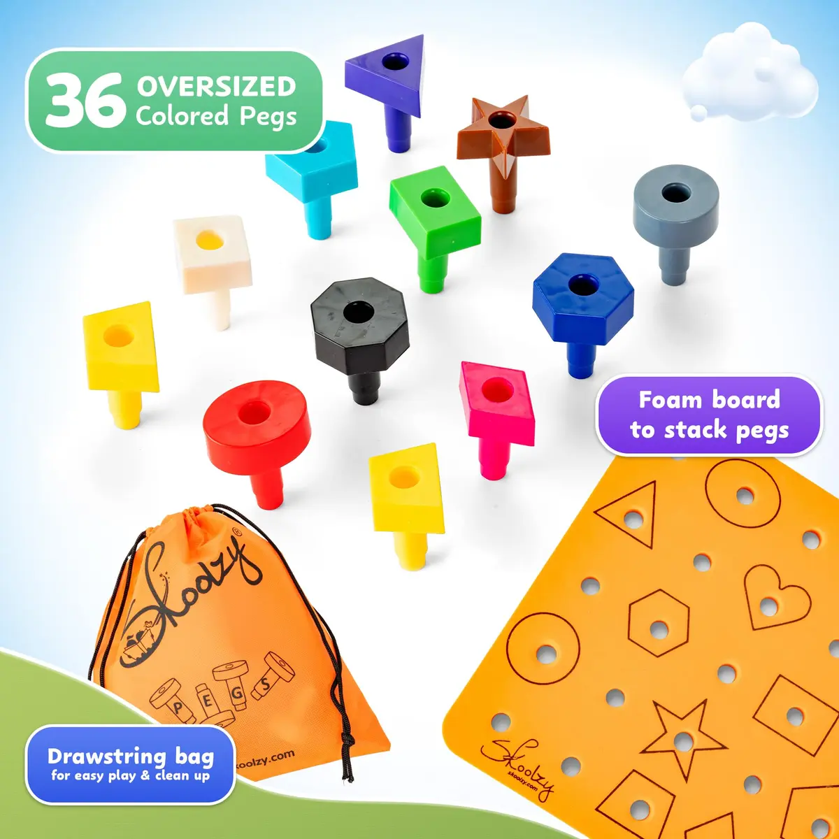 Skoolzy Peg Board Set Shapes Montessori 38 Pc Plastic 22.3cm (8.7in) | Educational STEM Learning Toy for Ages 2+ - view 4