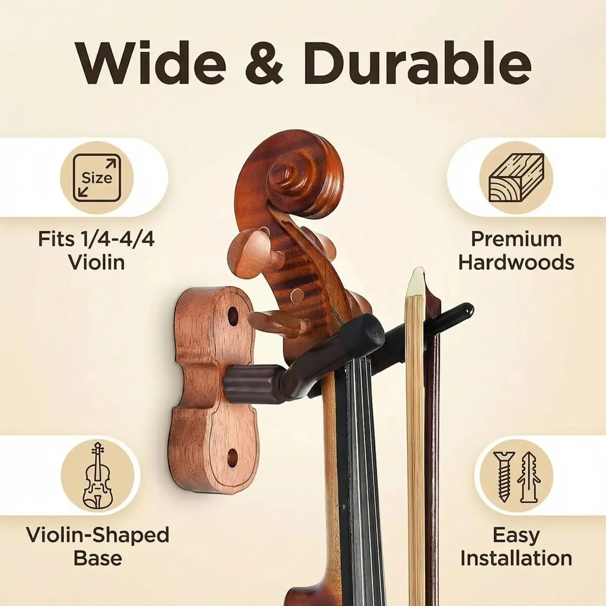 WOGOD Violin Hanger Wall Mount with Bow Holder - Sapele Wood & Metal - 1 Pack - view 2