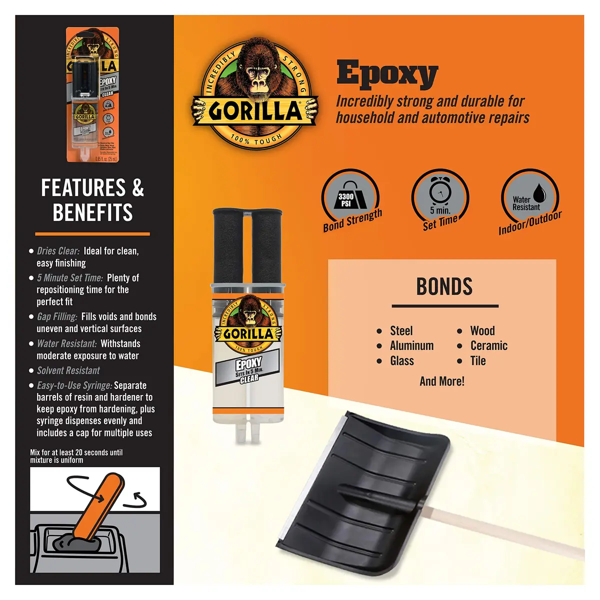 Gorilla 2 Part Epoxy Clear Syringe 9.35 fl oz (276ml) | Strong Metal Bonding for Repairs - view 3