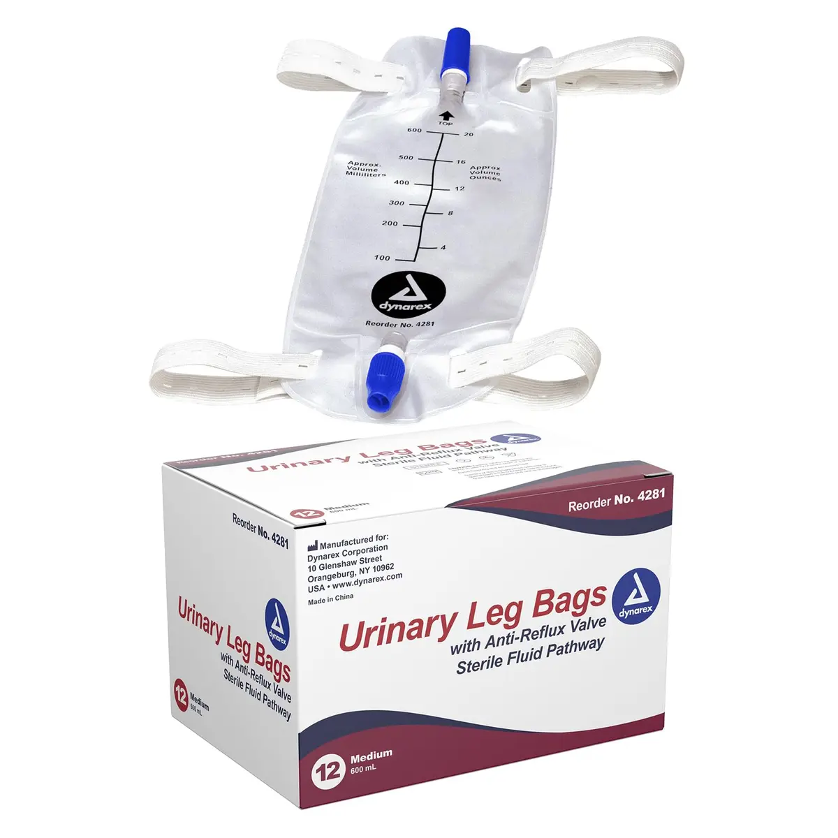 Dynarex Urinary Leg Bag 600 ml | Non-Drip Closure & Anti-Reflux Valve for Catheter, White, 12 Pack - main product image