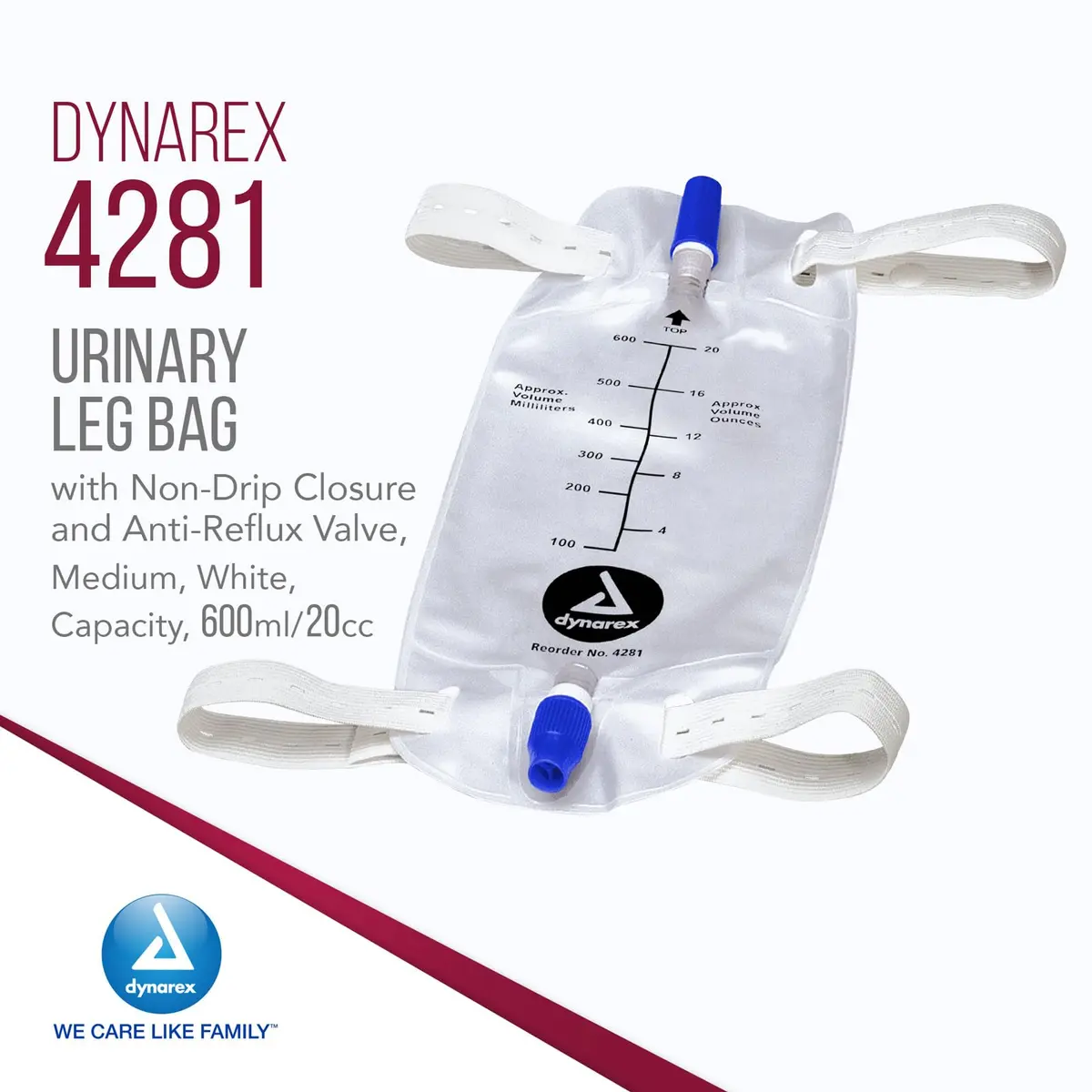 Dynarex Urinary Leg Bag 600 ml | Non-Drip Closure & Anti-Reflux Valve for Catheter, White, 12 Pack - view 2