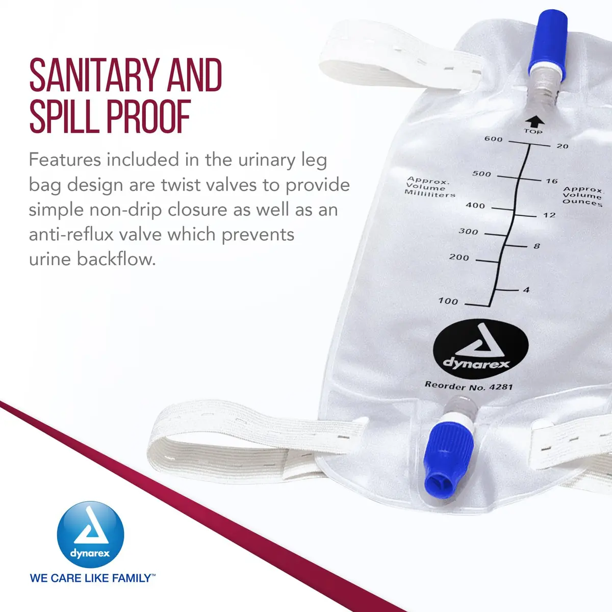 Dynarex Urinary Leg Bag 600 ml | Non-Drip Closure & Anti-Reflux Valve for Catheter, White, 12 Pack - view 3