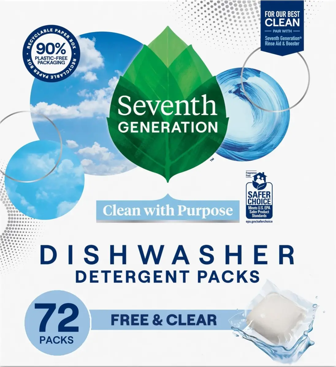 Seventh Generation Free & Clear Dishwasher Detergent Packs 72 Count (2.5 kg) | Plant-Powered Cleaning - main product image