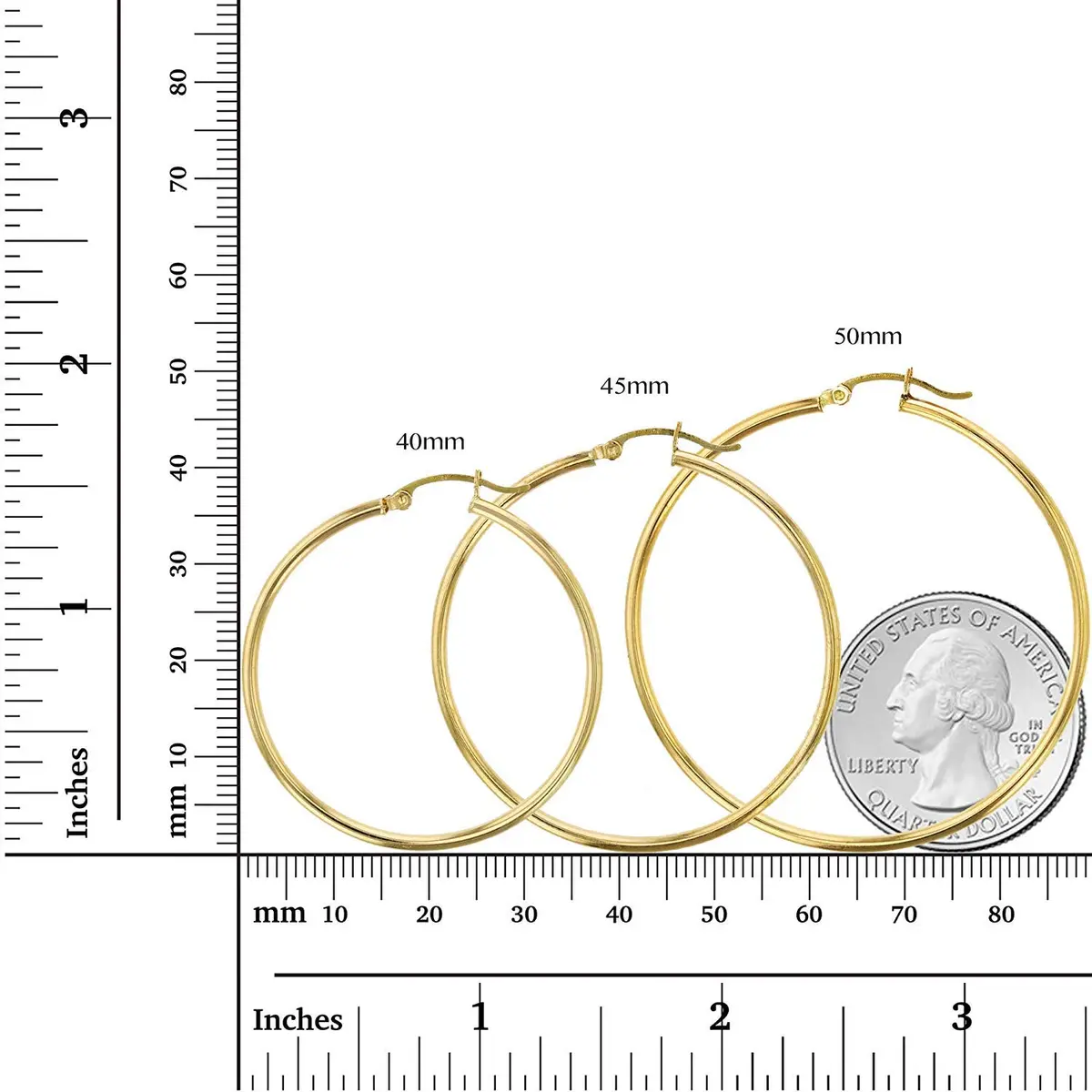 DECADENCE 14k Yellow Gold Solid 2mm Tube Hoop Earrings 55mm | Classic Polished Hoop - view 5