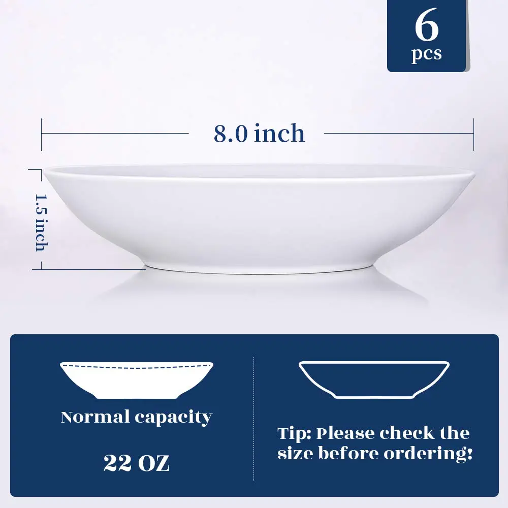 Y YHY 8" Pasta Bowls Set for 6 | Porcelain 22oz Salad & Soup Bowls, Microwave & Dishwasher Safe - view 4
