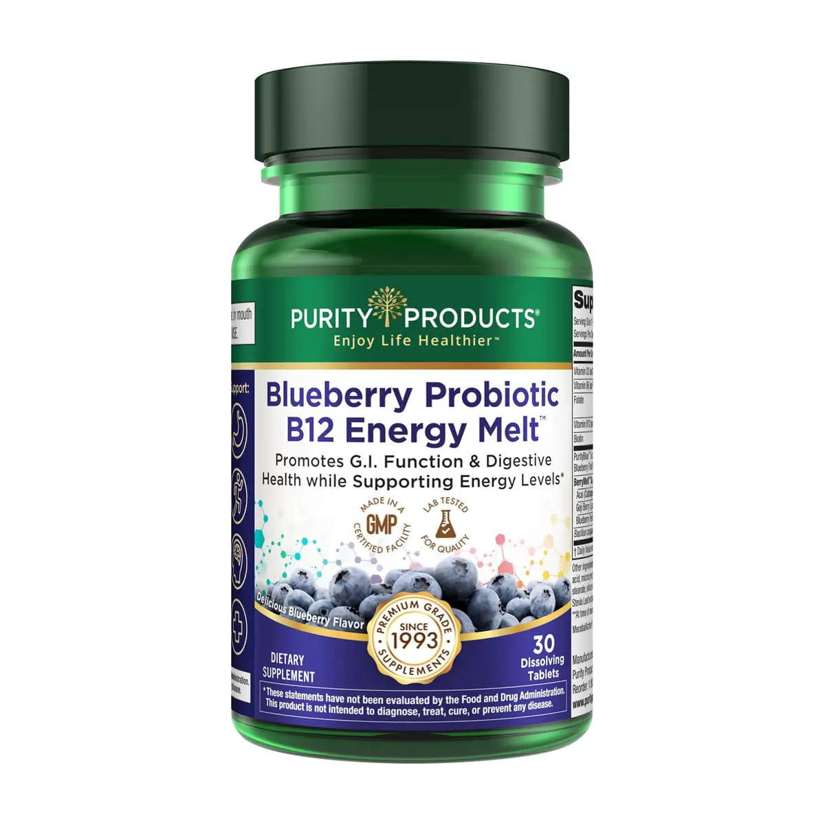 Purity Products Blueberry Probiotic B12 Energy Melt 30 Tablets | Supports Energy & Digestive Health - main product image