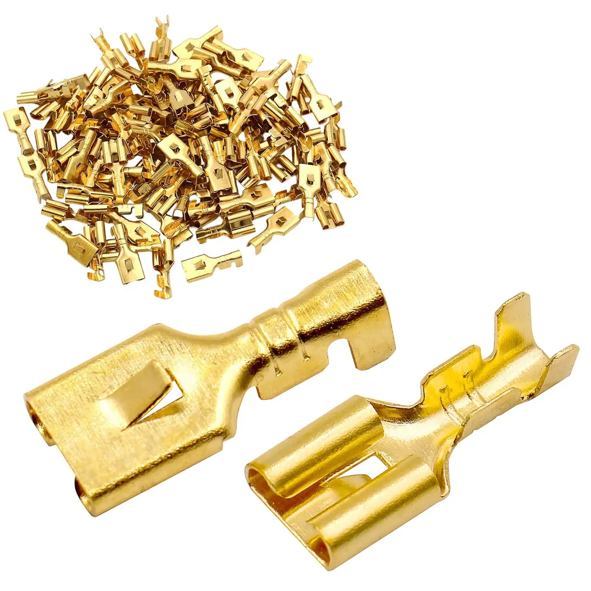 Baomain 100-Pack 6.3mm Female Spade Connectors Non-Insulated | Copper, 18-16 AWG, Heavy-Duty for Automotive & DIY - main product image
