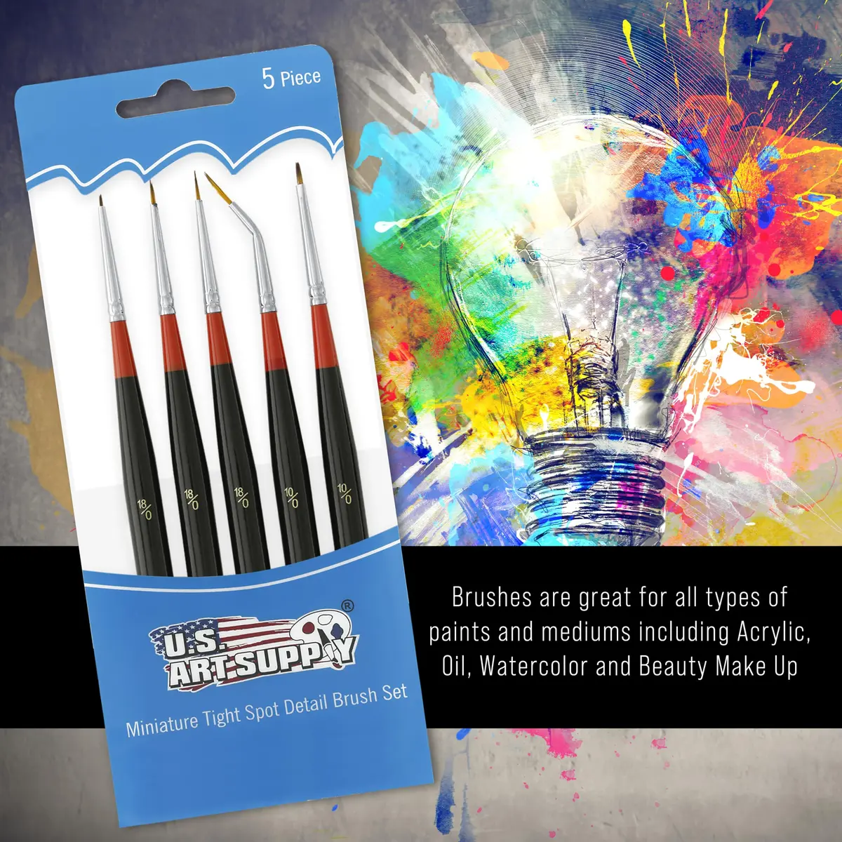 U.S. Art Supply 5 Piece Miniature Tight Spot Micro Fine Detail Art Brush Set | Golden Taklon Brushes for Acrylic, Oil, Watercolor, and Makeup - view 3