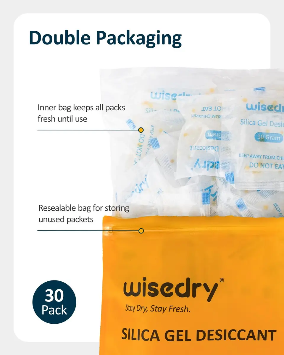 wisedry Color Indicating Silica Gel Desiccant Packets 10g (0.35 oz) - 30 Count | Reusable Moisture Absorbers for Food Grade Storage - view 5