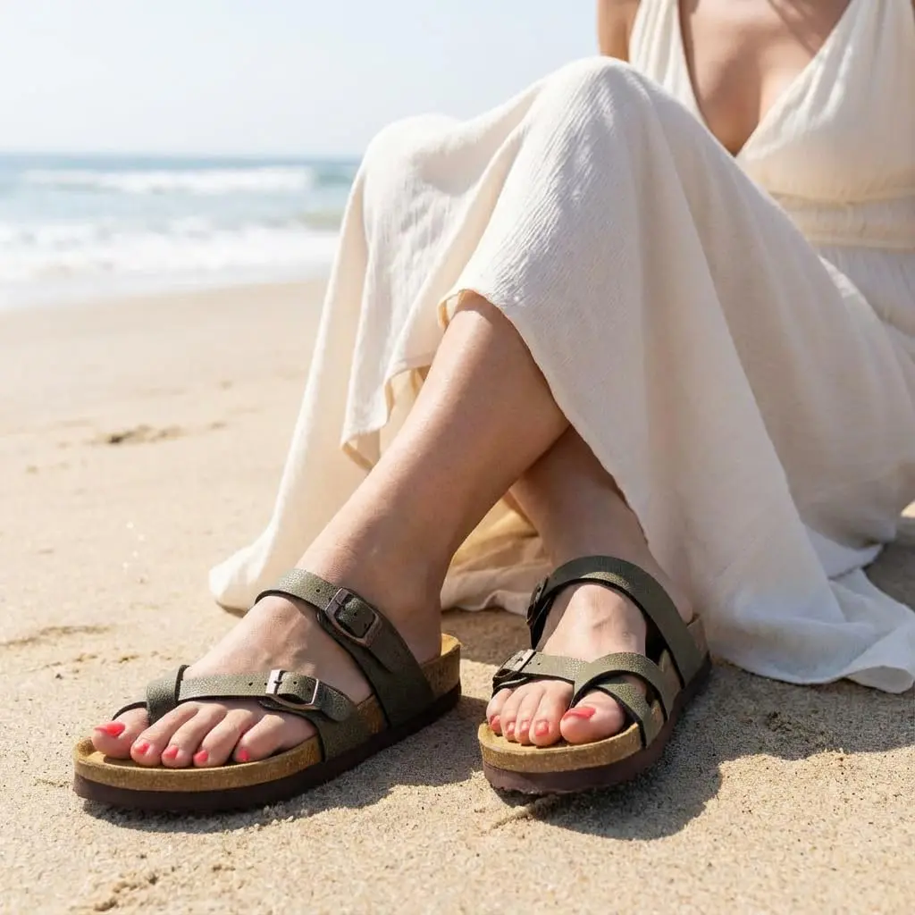 CUSHIONAIRE Luna Cork Footbed Sandals for Women with Crossover Straps, Brown Rugged 8 | Supportive Genuine Suede Footbed for Comfort & Style - view 3