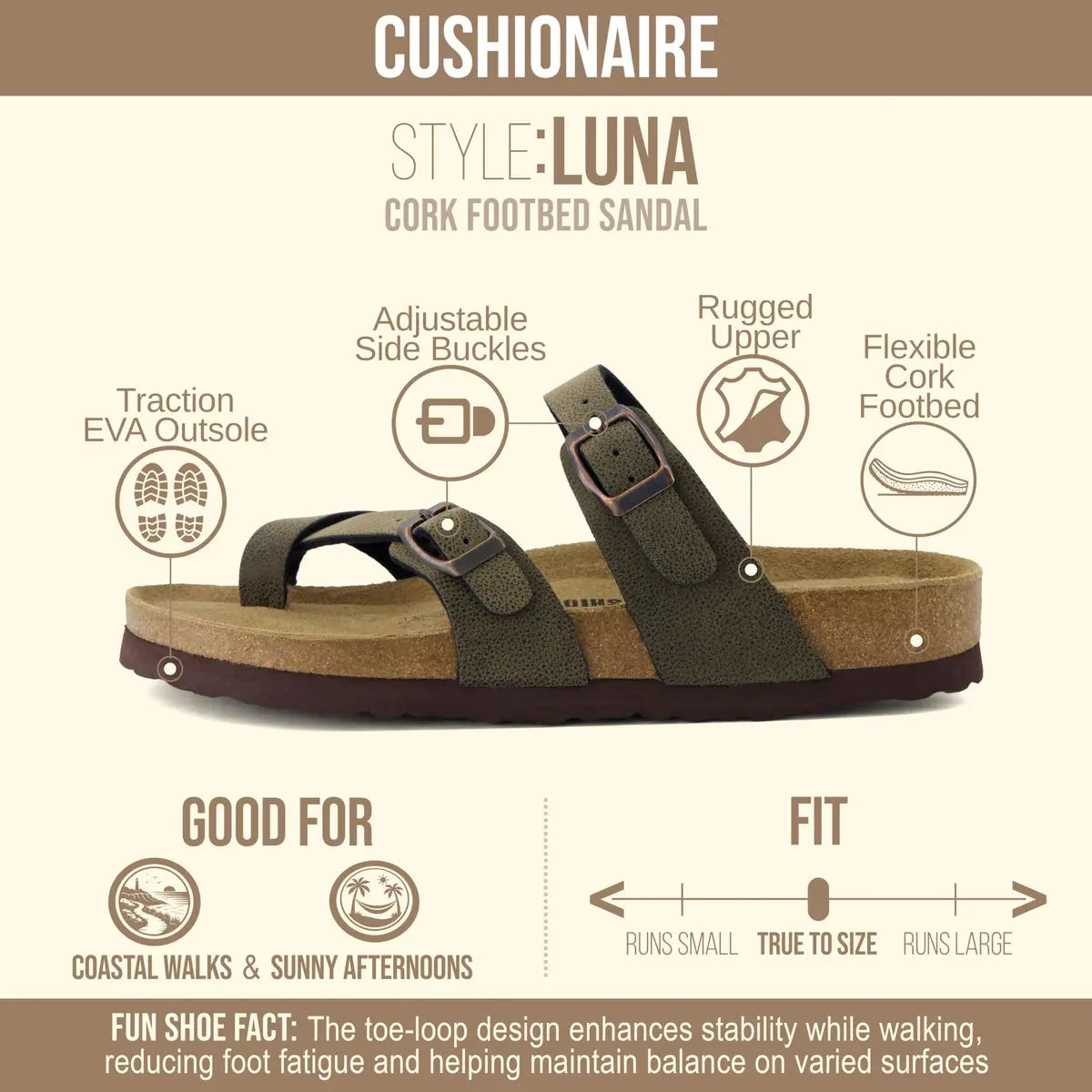 CUSHIONAIRE Luna Cork Footbed Sandals for Women with Crossover Straps, Brown Rugged 8 | Supportive Genuine Suede Footbed for Comfort & Style - view 4