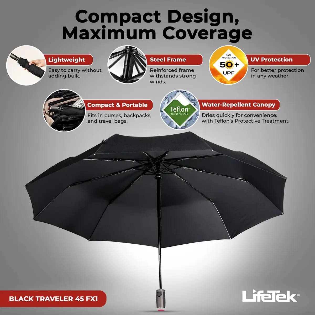 LifeTek Traveler 45 FX1 Windproof Travel Umbrella | Compact, Auto Open/Close, UV & Rain Protection, Lightweight & Durable, Fits in Purse or Backpack, Black - view 3