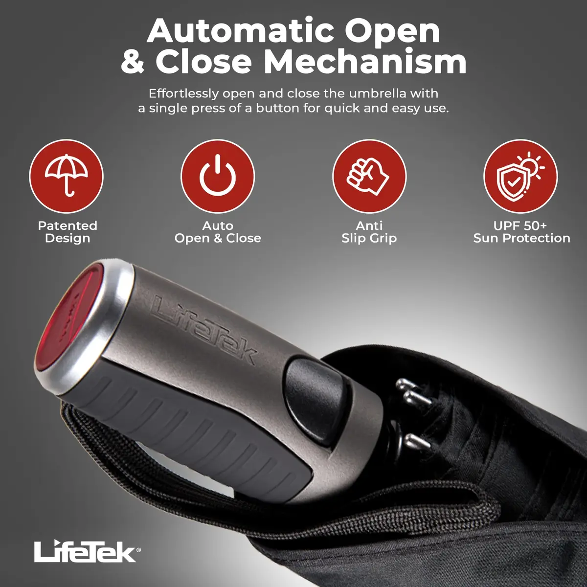 LifeTek Traveler 45 FX1 Windproof Travel Umbrella | Compact, Auto Open/Close, UV & Rain Protection, Lightweight & Durable, Fits in Purse or Backpack, Black - view 4
