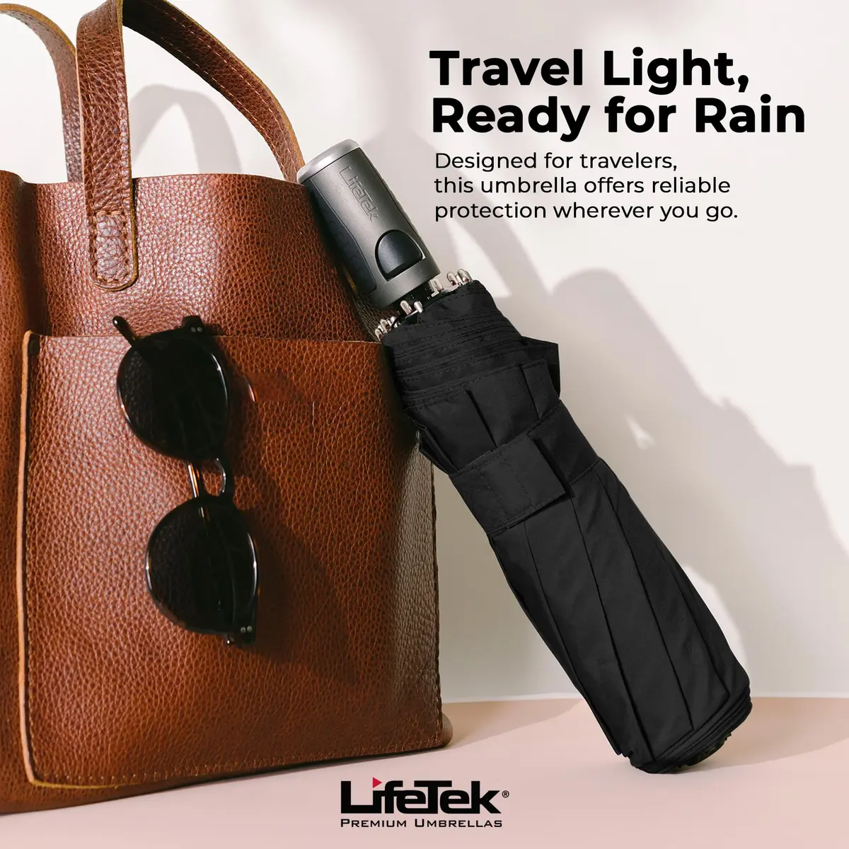LifeTek Traveler 45 FX1 Windproof Travel Umbrella | Compact, Auto Open/Close, UV & Rain Protection, Lightweight & Durable, Fits in Purse or Backpack, Black - view 5