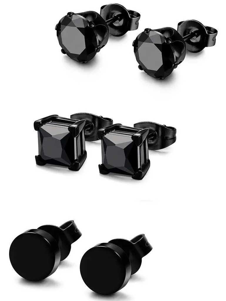 FIBO STEEL Stainless Steel Black Earrings Set for Men Women | Minimalist, Hypoallergenic, 3 Pairs - main product image