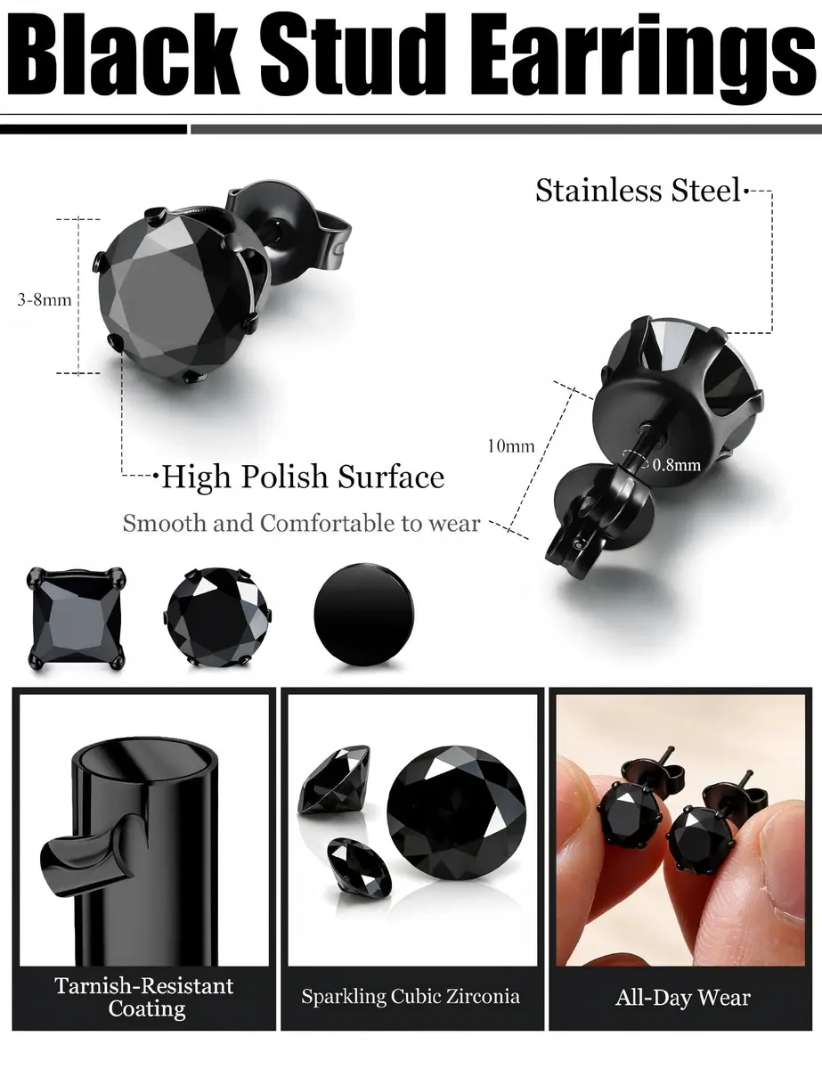 FIBO STEEL Stainless Steel Black Earrings Set for Men Women | Minimalist, Hypoallergenic, 3 Pairs - view 5