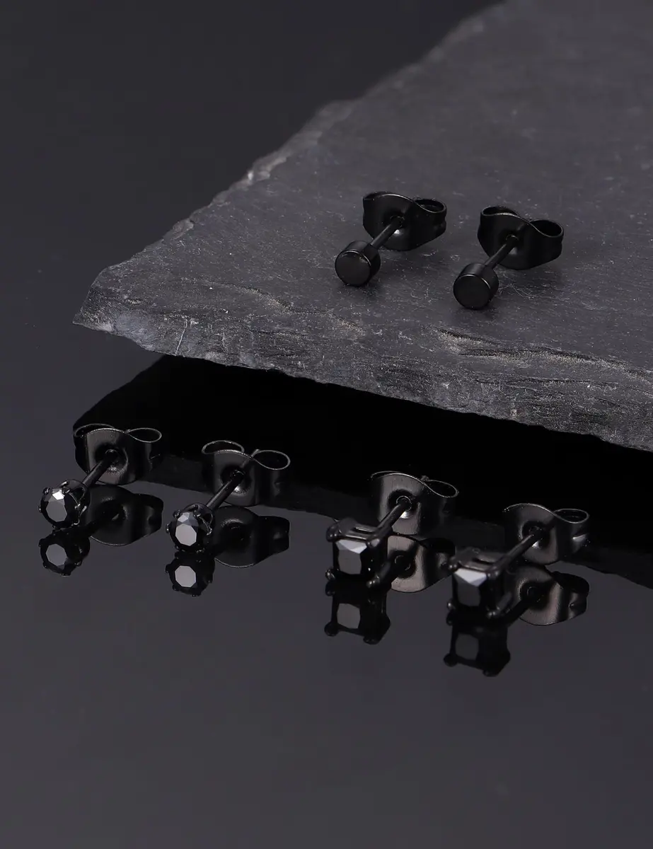FIBO STEEL Stainless Steel Black Earrings Set for Men Women | Minimalist, Hypoallergenic, 3 Pairs - view 7