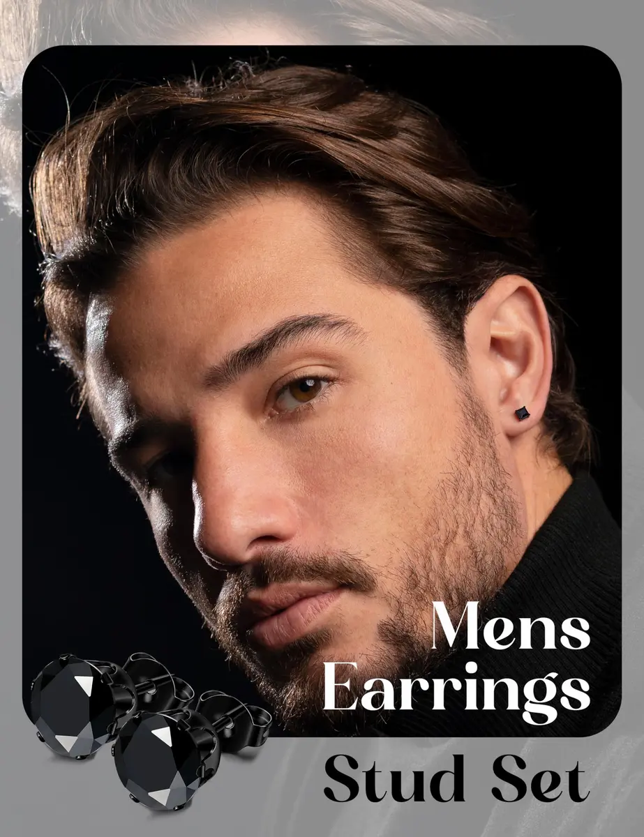 FIBO STEEL Stainless Steel Black Earrings Set for Men Women | Minimalist, Hypoallergenic, 3 Pairs - view 2