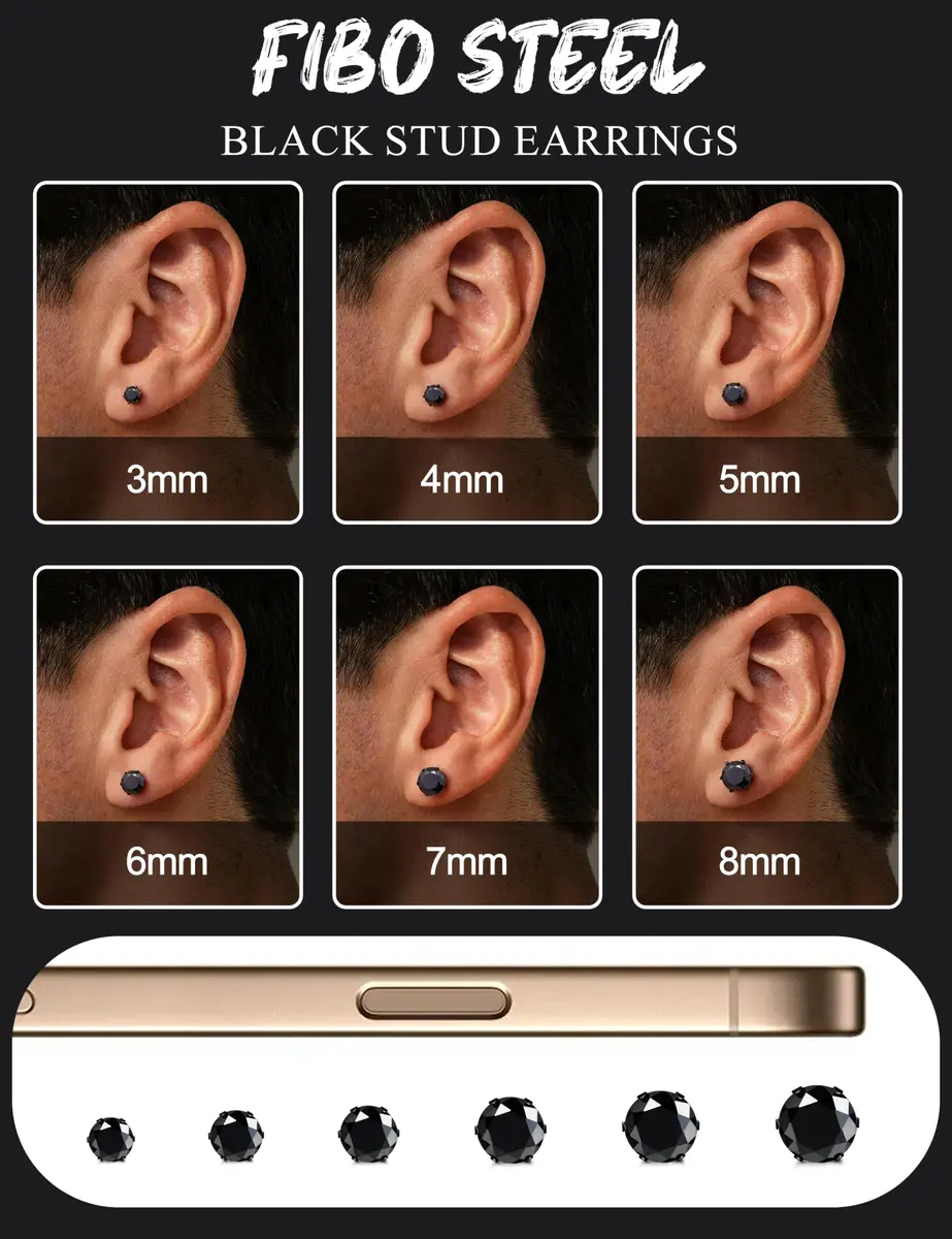 FIBO STEEL Stainless Steel Black Earrings Set for Men Women | Minimalist, Hypoallergenic, 3 Pairs - view 4