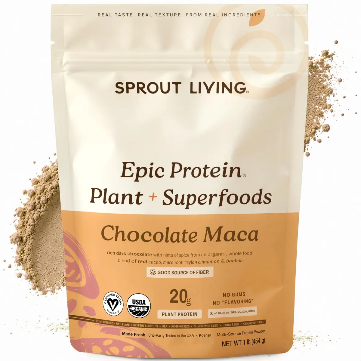 Sprout Living Epic Protein Plant Based Protein & Superfoods Powder, Chocolate Maca | 20g Organic Vegan, Gluten Free, Low Sugar (1 Pound, 12 Servings) - main product image