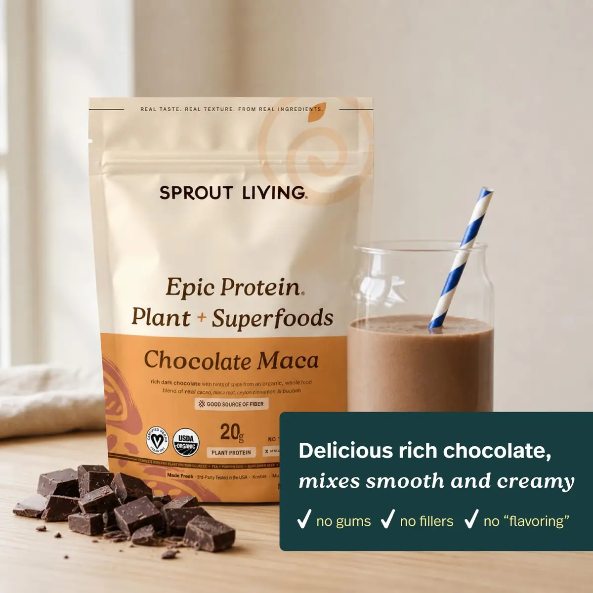Sprout Living Epic Protein Plant Based Protein & Superfoods Powder, Chocolate Maca | 20g Organic Vegan, Gluten Free, Low Sugar (1 Pound, 12 Servings) - view 5