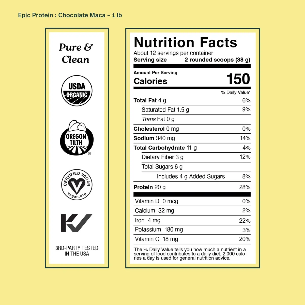Sprout Living Epic Protein Plant Based Protein & Superfoods Powder, Chocolate Maca | 20g Organic Vegan, Gluten Free, Low Sugar (1 Pound, 12 Servings) - view 6