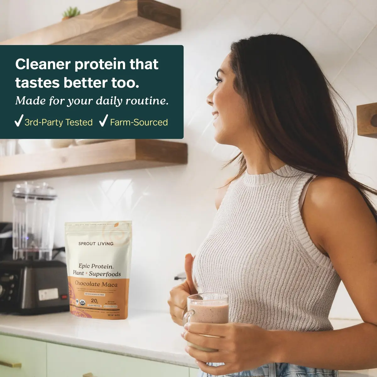 Sprout Living Epic Protein Plant Based Protein & Superfoods Powder, Chocolate Maca | 20g Organic Vegan, Gluten Free, Low Sugar (1 Pound, 12 Servings) - view 3