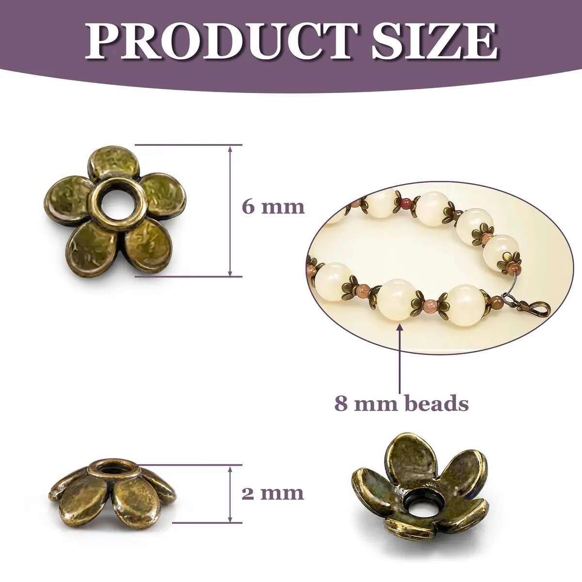 Heather's cf 500pcs Brass Petal Bead Caps for Jewelry Making 6mm | Vintage Tibetan Floral Finish - view 2