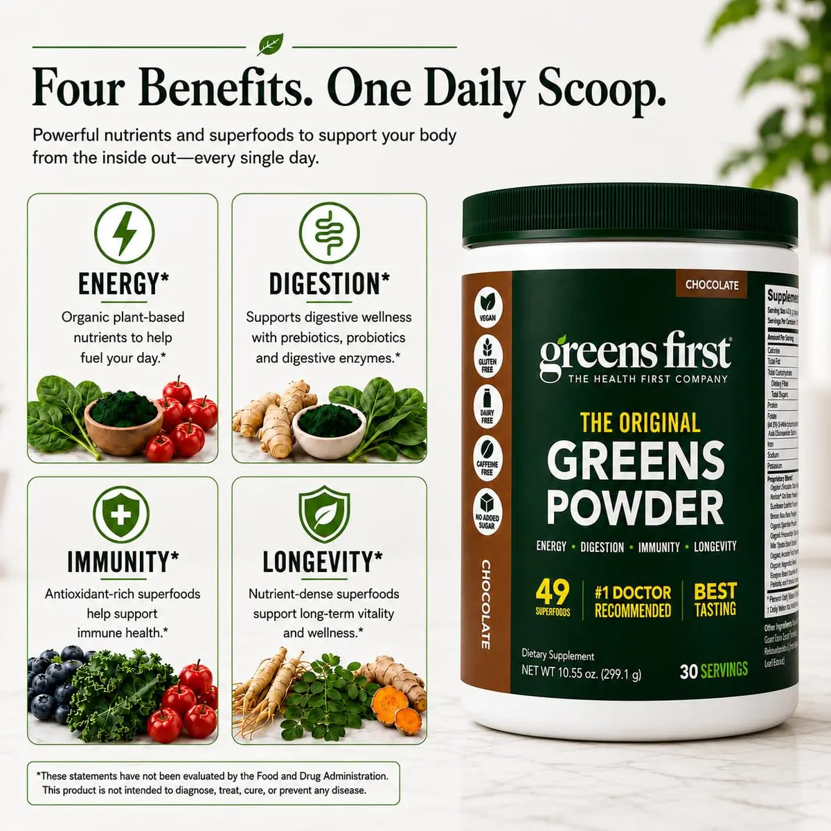 Greens First Original Greens Powder, Chocolate, 10.55oz | 49 Superfoods & Probiotics for Daily Wellness - view 5