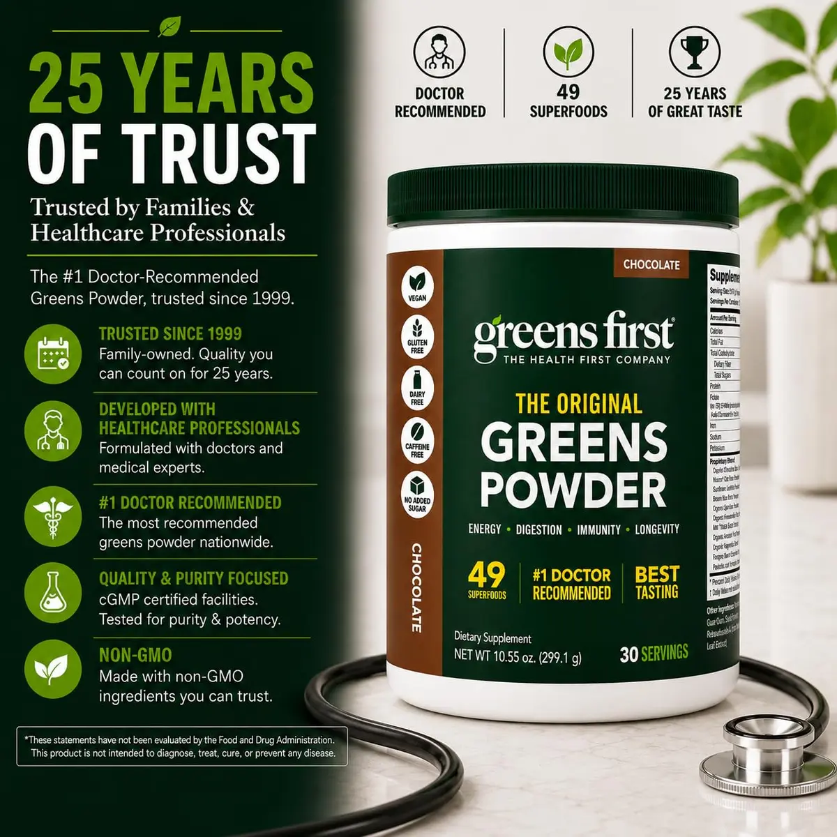 Greens First Original Greens Powder, Chocolate, 10.55oz | 49 Superfoods & Probiotics for Daily Wellness - view 6