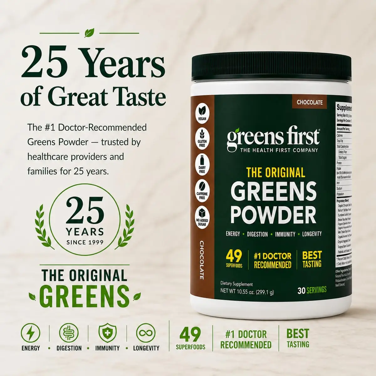 Greens First Original Greens Powder, Chocolate, 10.55oz | 49 Superfoods & Probiotics for Daily Wellness - view 7