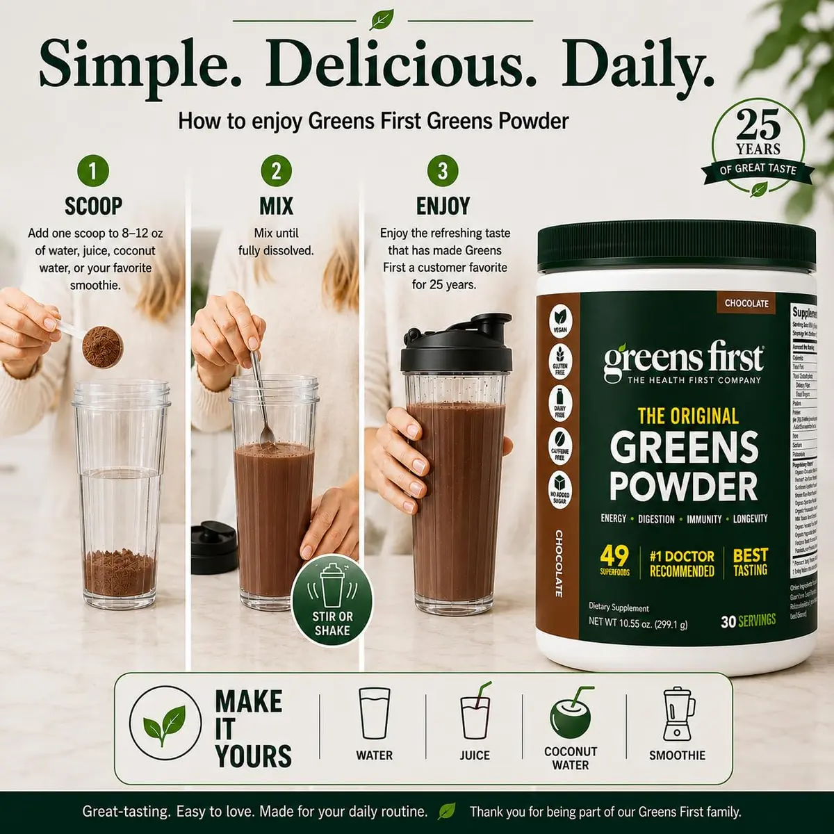 Greens First Original Greens Powder, Chocolate, 10.55oz | 49 Superfoods & Probiotics for Daily Wellness - view 9