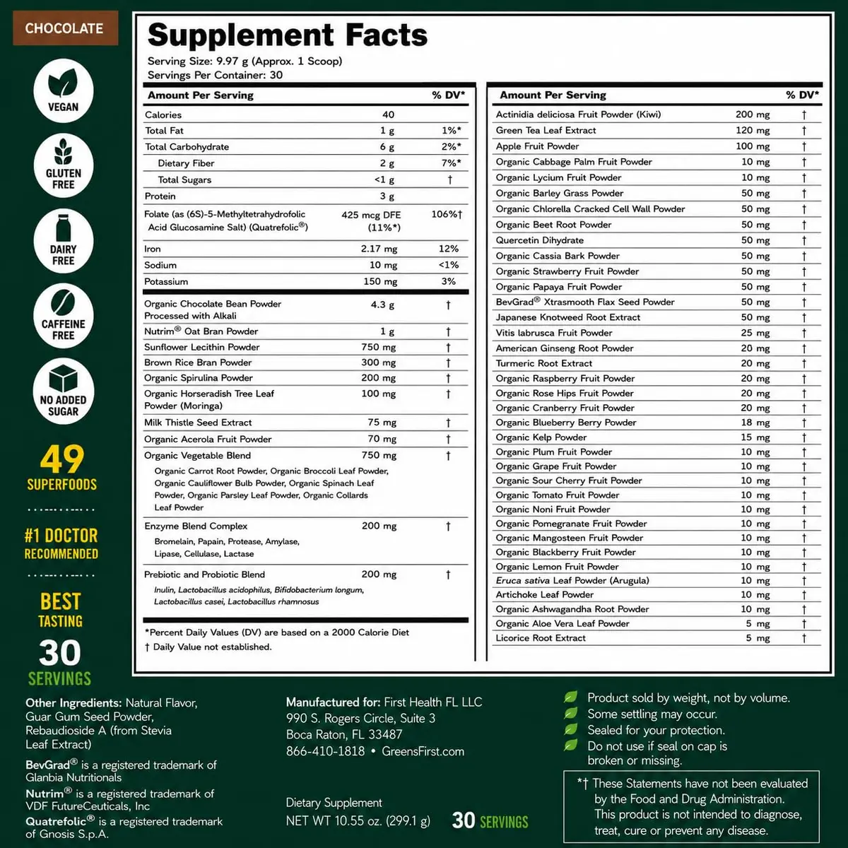Greens First Original Greens Powder, Chocolate, 10.55oz | 49 Superfoods & Probiotics for Daily Wellness - view 2