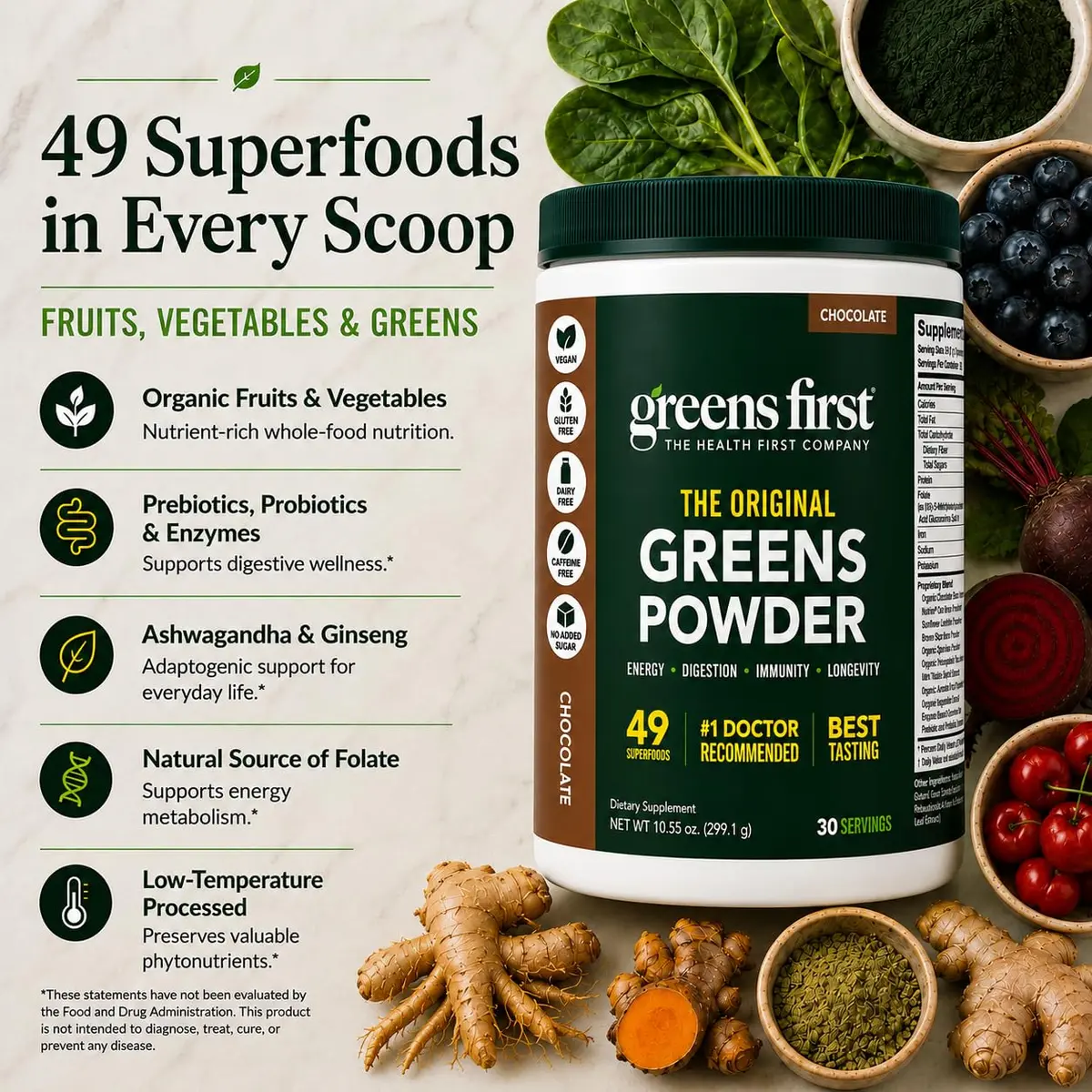 Greens First Original Greens Powder, Chocolate, 10.55oz | 49 Superfoods & Probiotics for Daily Wellness - view 3